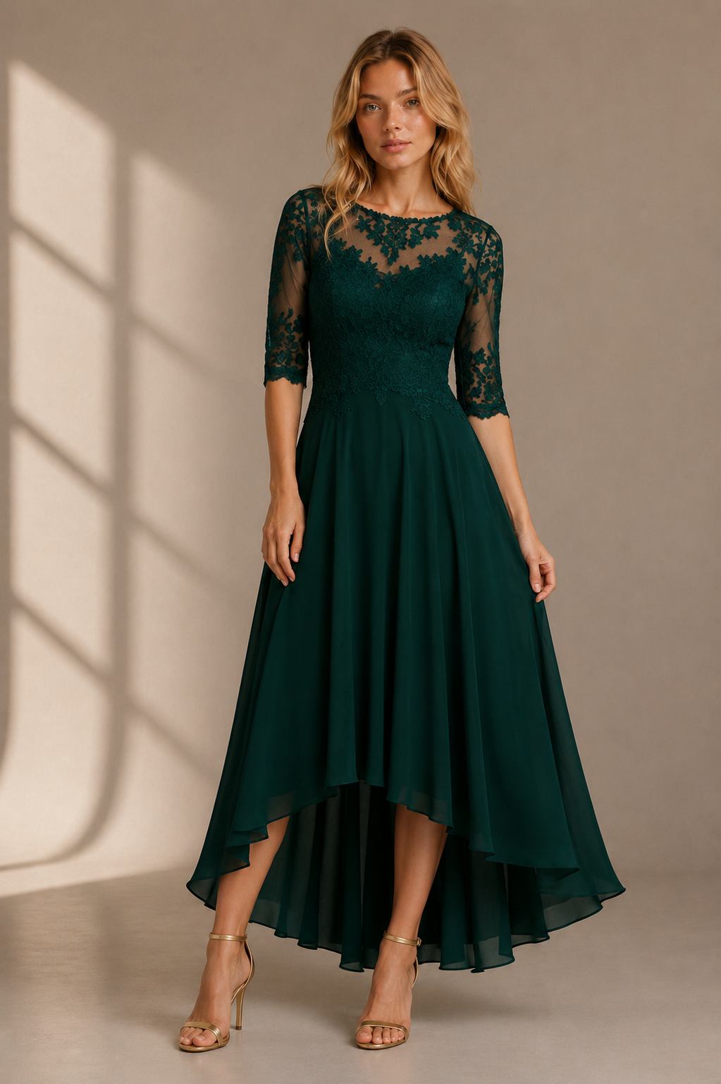 Elegant Lace Bodice Midi Dress with Sheer Sleeves for Women