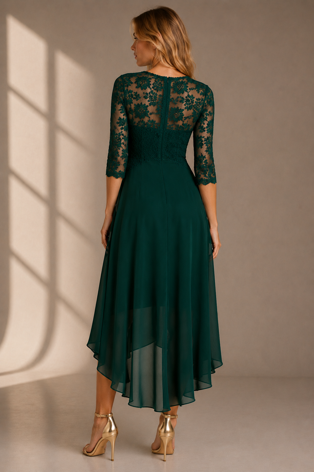 Elegant Lace Bodice Midi Dress with Sheer Sleeves for Women