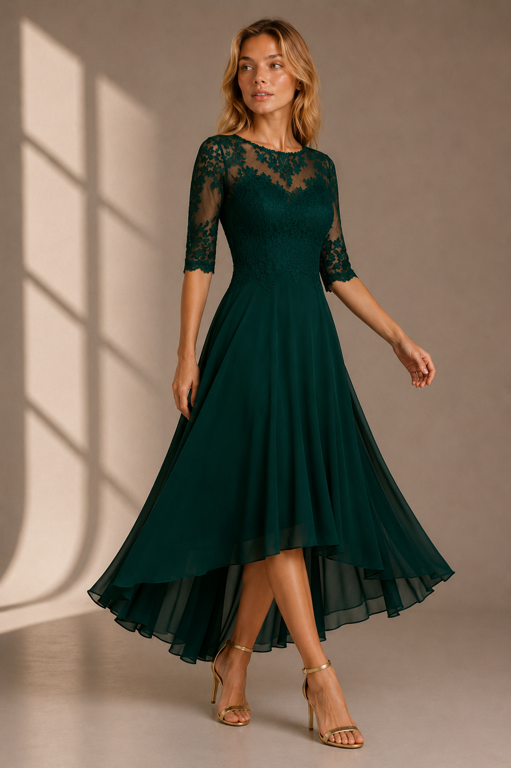 Elegant Lace Bodice Midi Dress with Sheer Sleeves for Women