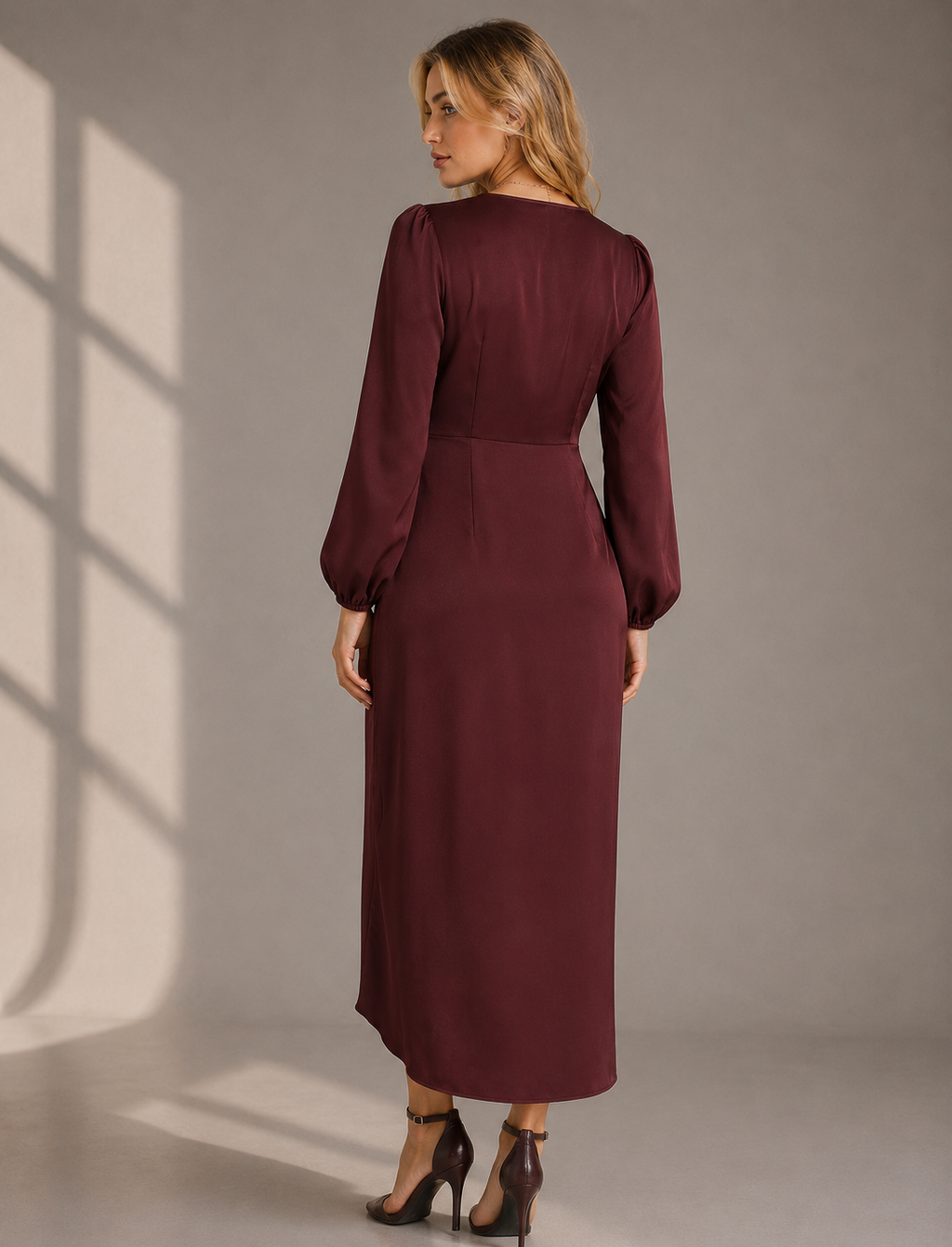 Elegant Satin Wrap Maxi Dress with Long Sleeves for Women