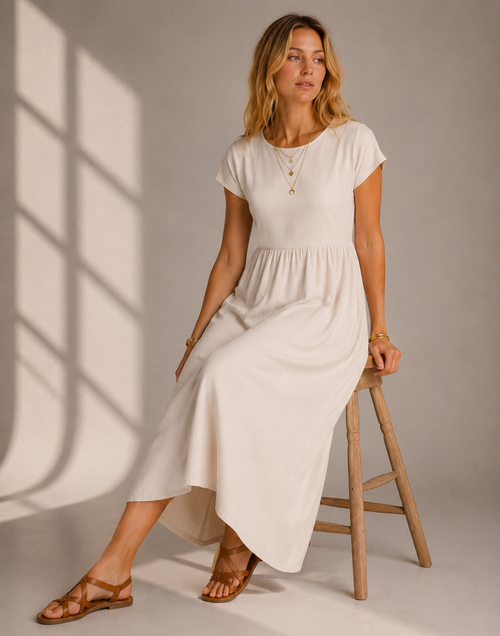 Casual Soft Cotton Midi Dress with Short Sleeves for Women