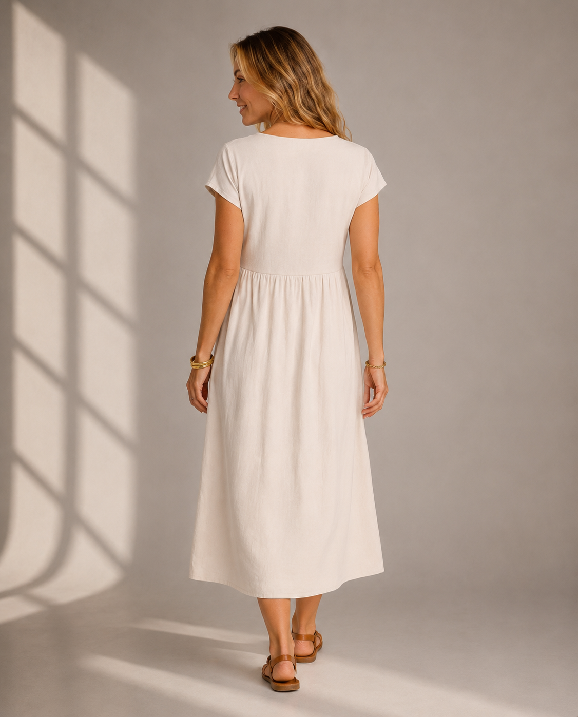 Casual Soft Cotton Midi Dress with Short Sleeves for Women