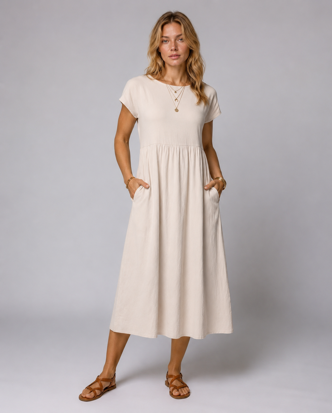 Casual Soft Cotton Midi Dress with Short Sleeves for Women