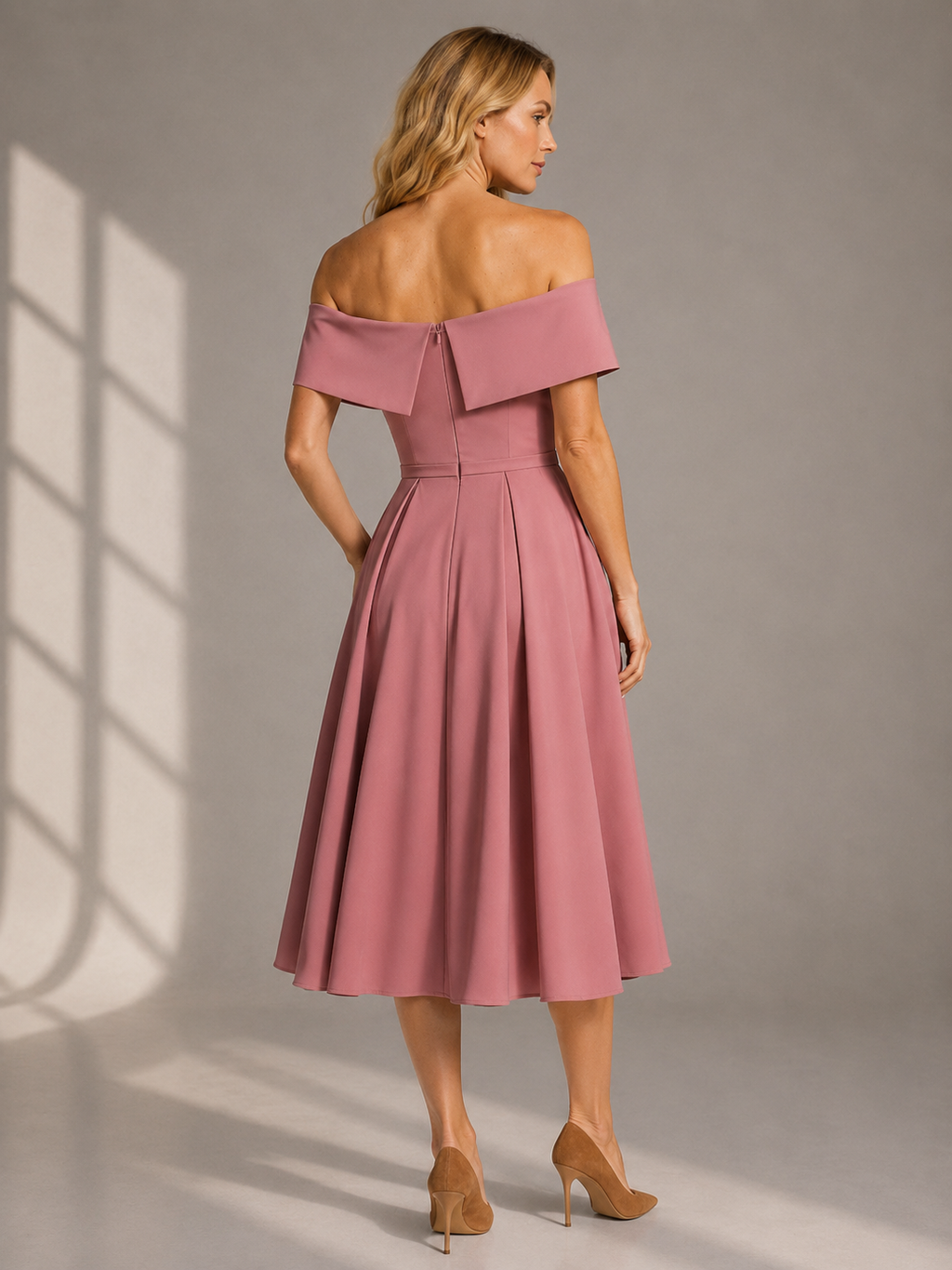 Elegant Off-Shoulder Midi Dress with Flared Skirt for Women