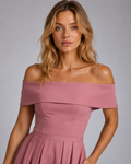 Elegant Off-Shoulder Midi Dress with Flared Skirt for Women