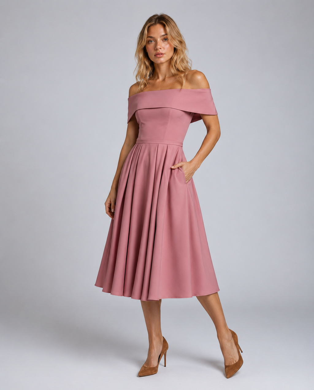 Elegant Off-Shoulder Midi Dress with Flared Skirt for Women