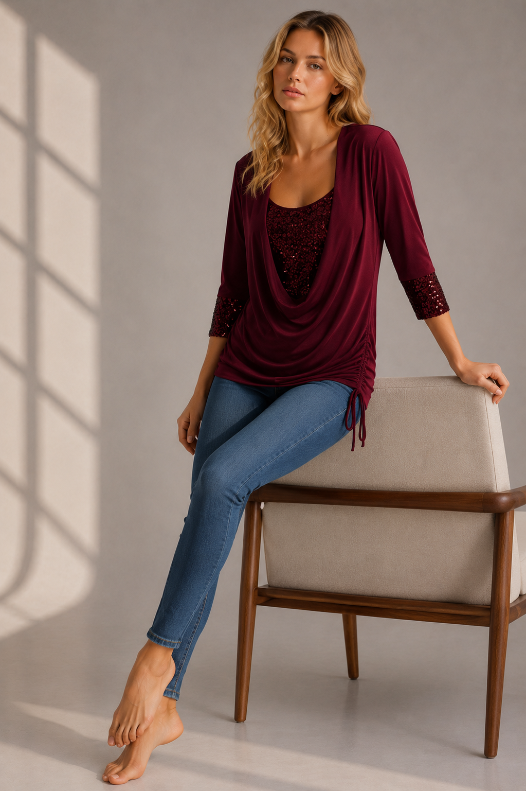 Elegant Sequin Layered Top with Drape Front for Women