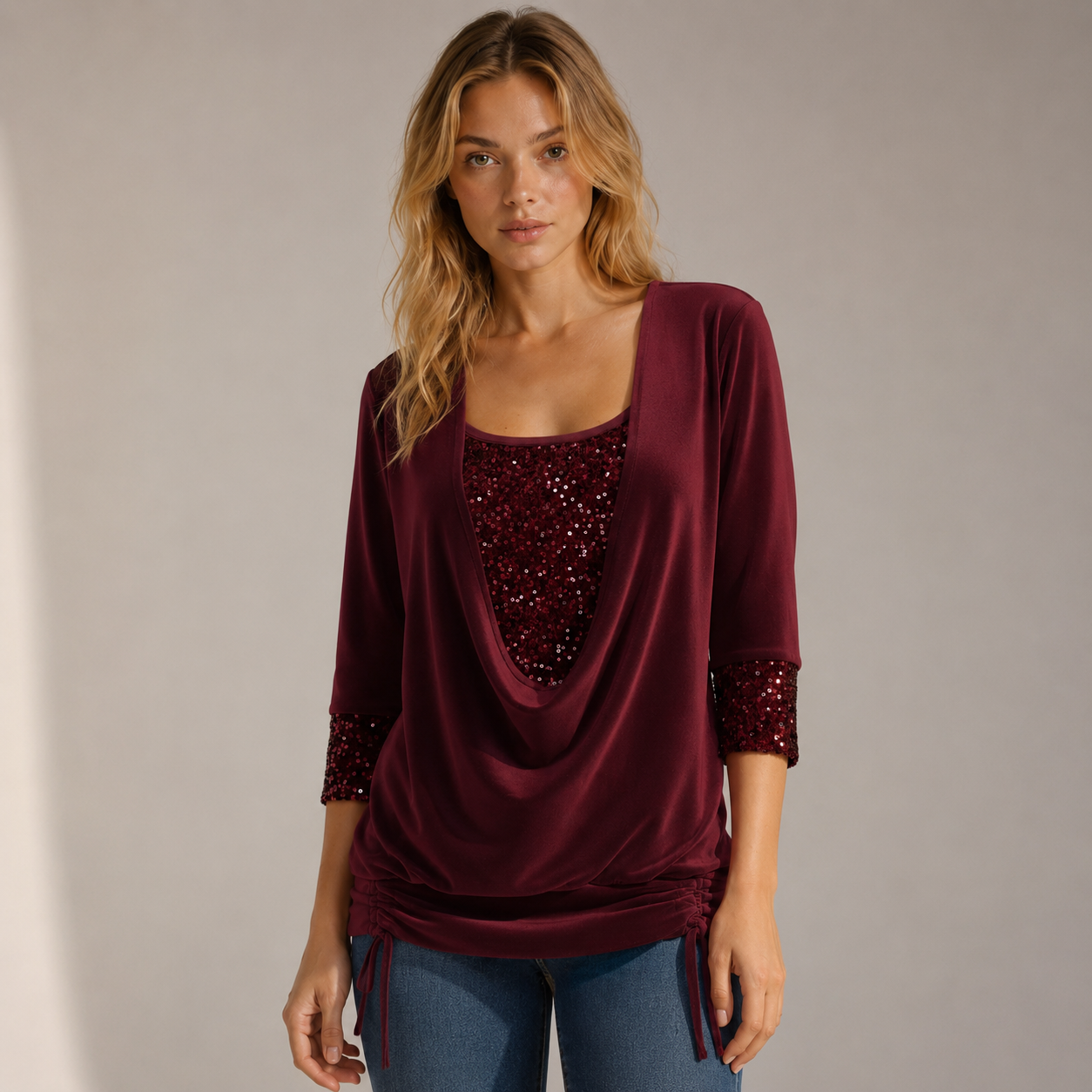 Elegant Sequin Layered Top with Drape Front for Women