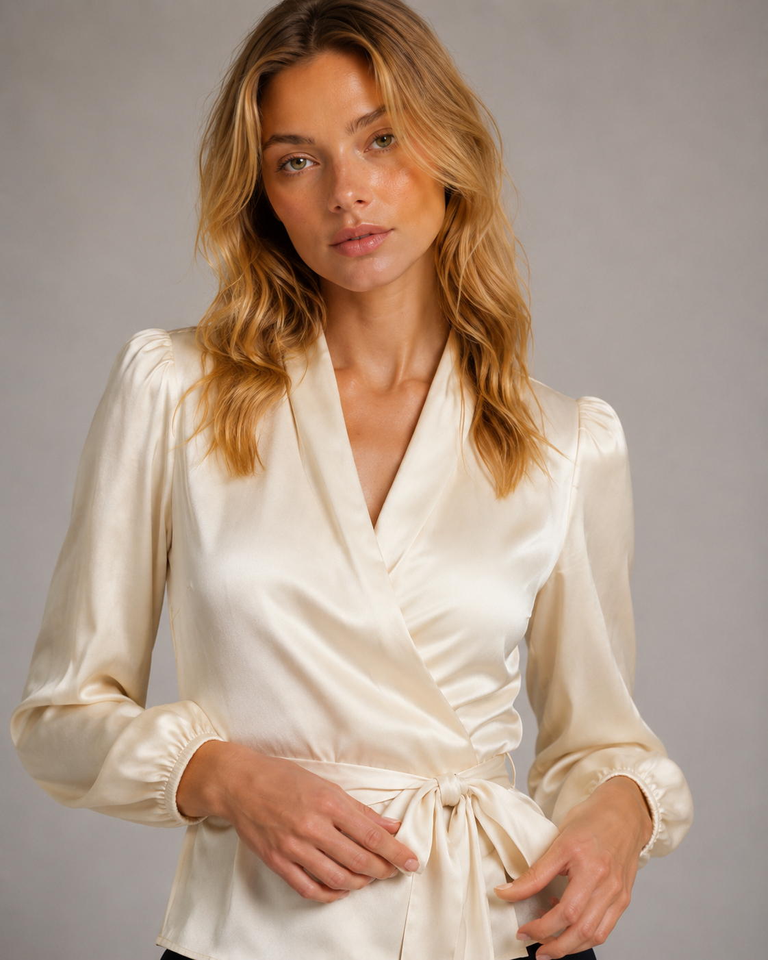 Elegant Satin Wrap Blouse with Tie Waist for Women